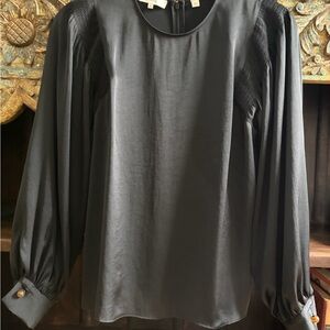 Vince Black Satin Blouse with Puff Sleeves